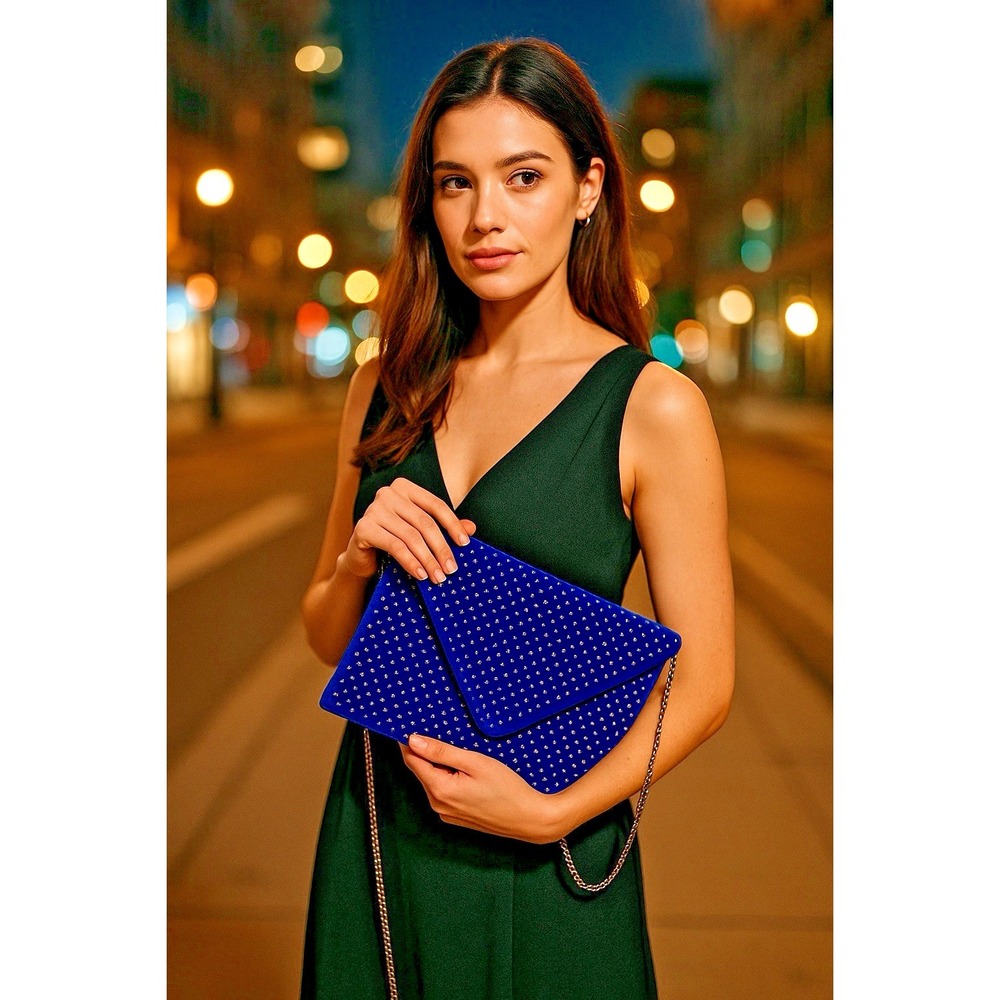 Street Level Royal Blue Velvet Studded Envelope Clutch Purse Bag Silver Chain